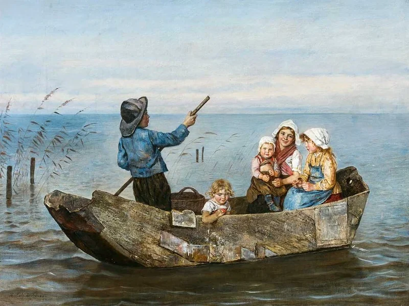 1846-Rudolf Hirth du Frênes - I figli di Frêne su una vecchia barca a fondo piatto
